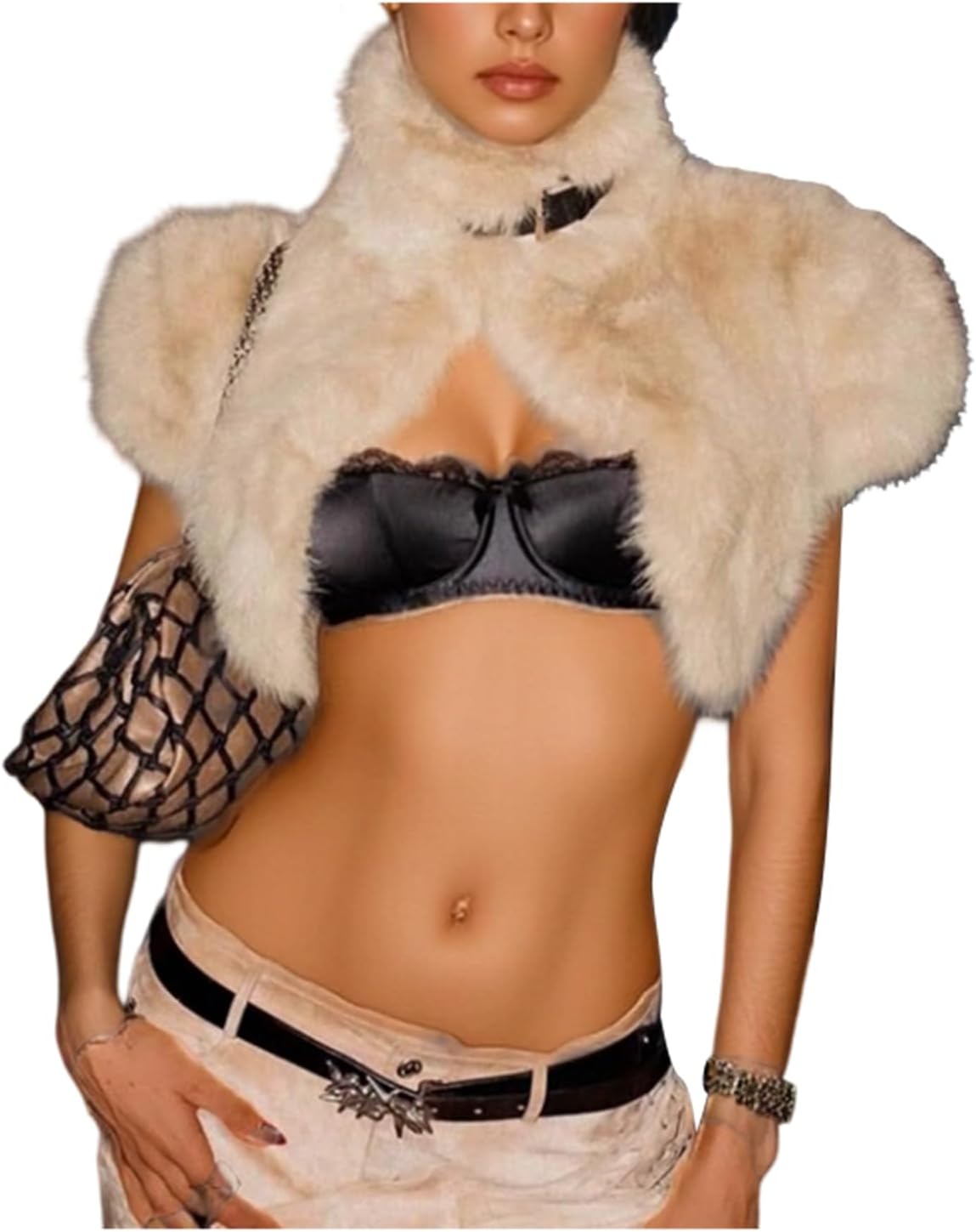 LETSVDO Womens Faux Fur Shrug Jacket Belt Buckles Short Sleeve Open Front Crop Cardigan Shawl Top for Evening Dress