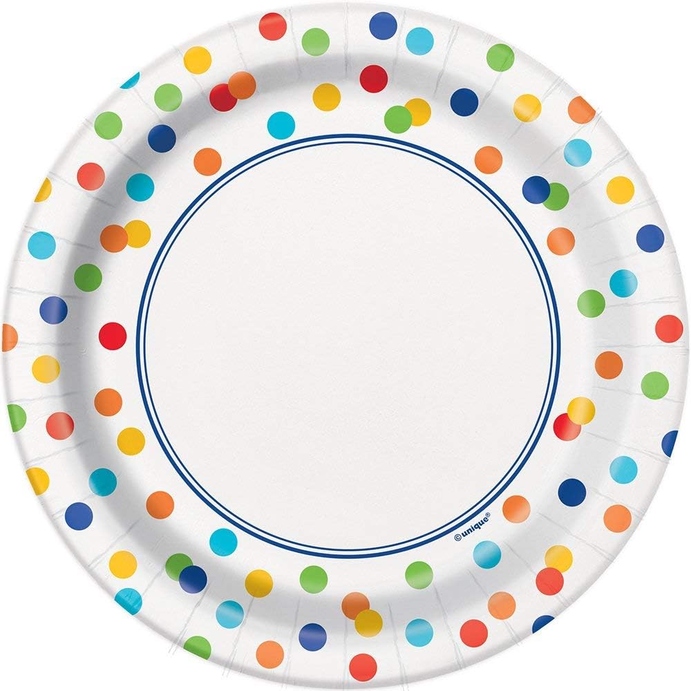 unique party58254-18cm Rainbow Polka Dot Party Plates, Pack of 8