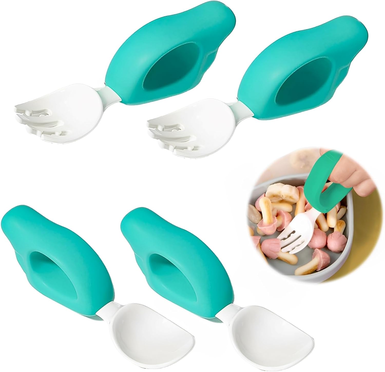 Toddler Cutlery Set,4PCS Toddler Spoon and Fork Set,Food Safe Baby Cutlery,Soft-Tip Self Feeding Forks and Baby Spoons 6-36 Months,Silicone Weaning Cutlery(Green)