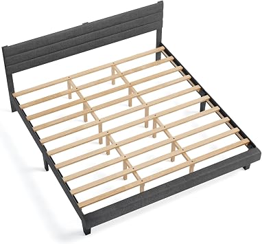 Bed Frame,Platform Bed Frame with Headboard,Tufted Platform Bed Frame - Linen-Like Upholstery, Horizontal Stripe Headboard,Sturdy Wood Slats, Easy to Assemble Dark Gray, King U.S. Standard