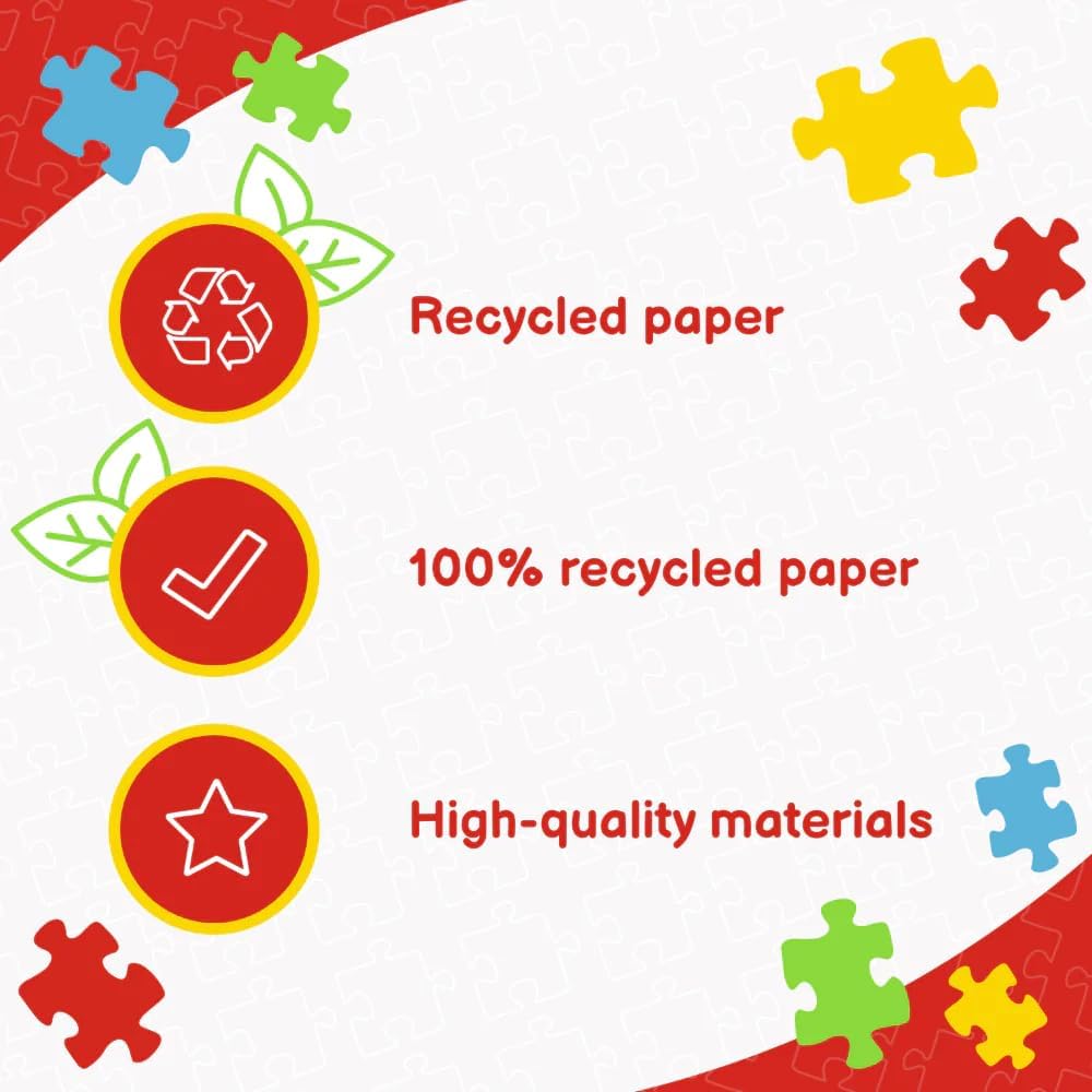Infographic highlighting recycled paper and high-quality materials used in the puzzle.