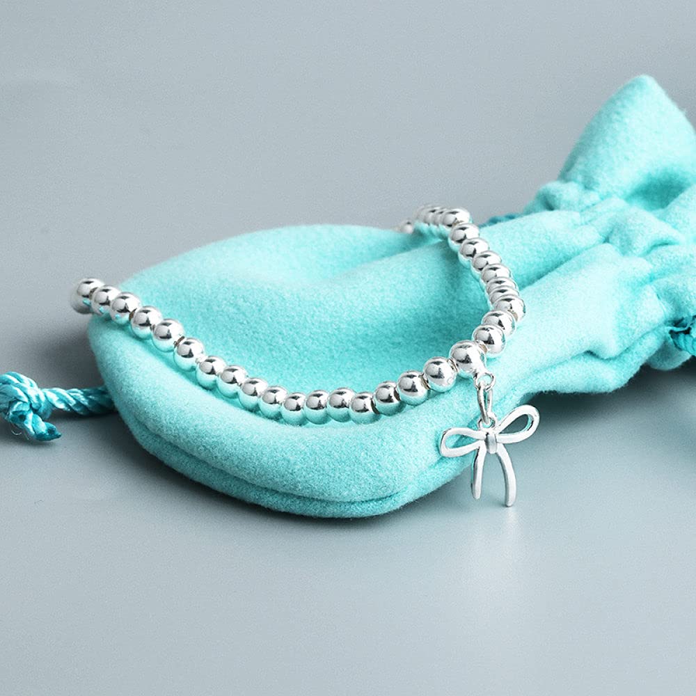 Silber Armband Damen 925,S925 Silber Armband Runde Perle Mit Schleife Anhänger Freundschaftsarmbänder Verstellbarer Charme Netter Modeschmuck Geschenk Für Frauen Mädchen