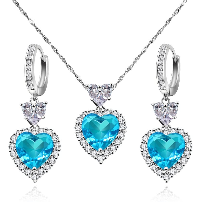 Moda cubic zirconia juego de pendientes y collar corazón azul para chicas