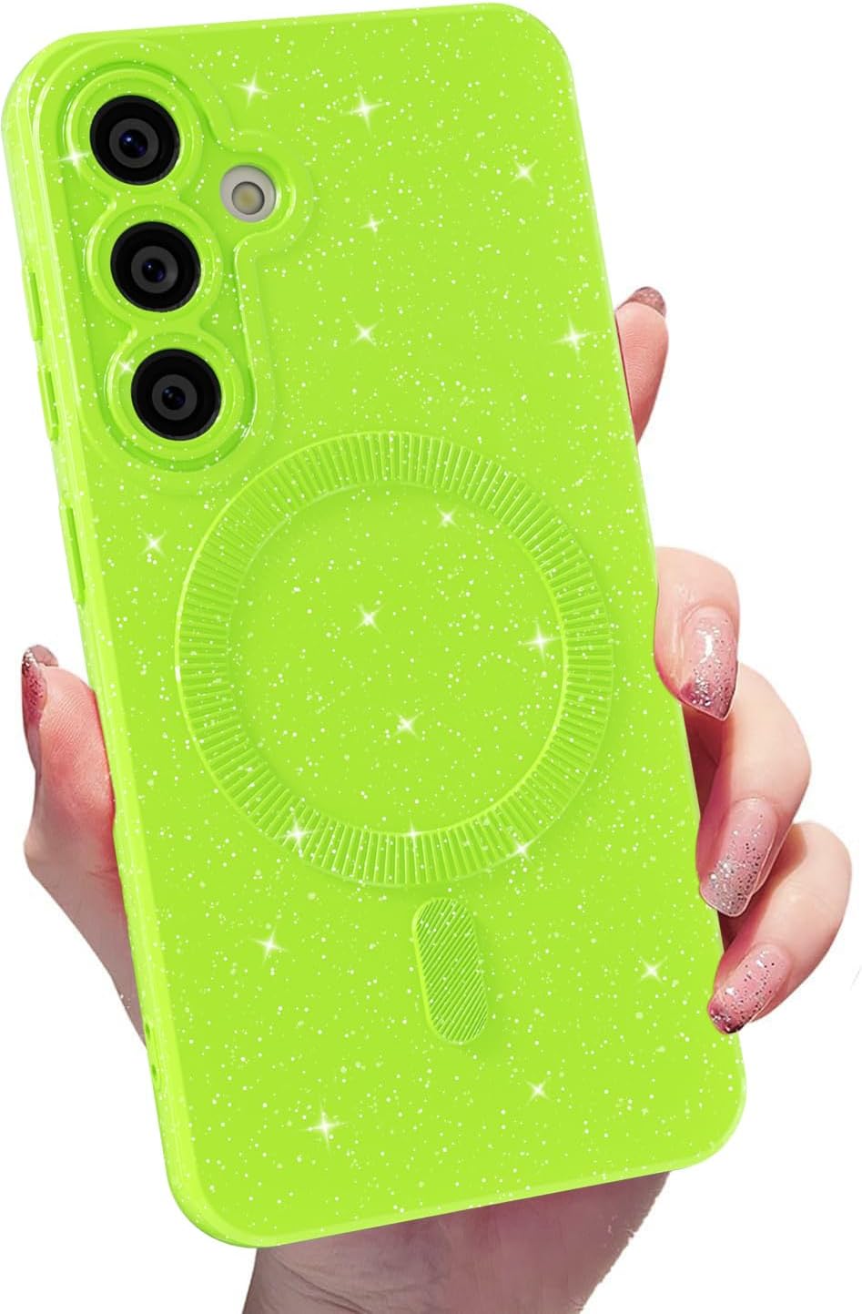 MINSCOSE for Samsung Galaxy S24 FE Magnetic Neon Phone Case[Compatible with Magsafe],Cute Bling Glitter Thin Slim Shockproof Sparkly Cover for Women Girl for Samsung Galaxy S24 FE -Neon Green