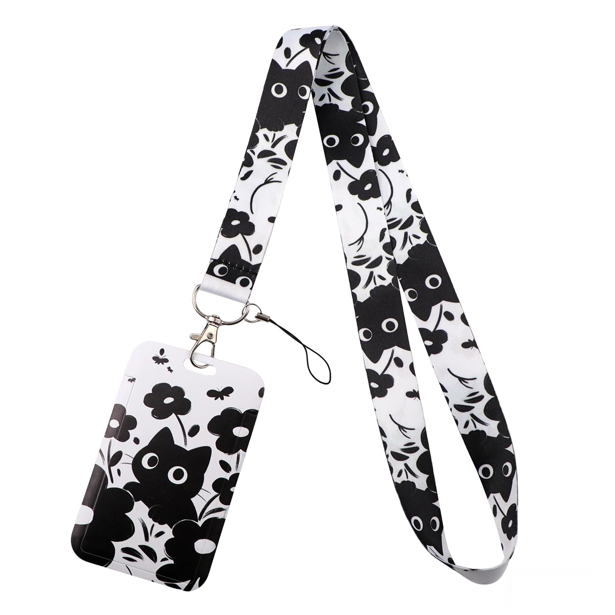 Cute Black Cats ID Badge Holder Lanyard for ID Badges Keys Cool Flowers ID Holder Keychain Lanyard for Women Girls Kids Teachers Staff for Work & School ID Plastic Hard Card Holder, Office Gift(White)