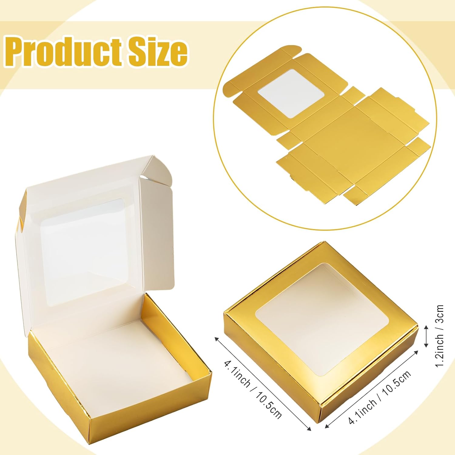 Zonon 60 Pcs Kraft Paper Boxes with Window 4.13 x 4.13 x 1.18 Inch Candy Packaging, Small Gift Boxes, Soap holder, Mini Treat Packaging for Bakery Chocolate Jewelry Display (Gold)