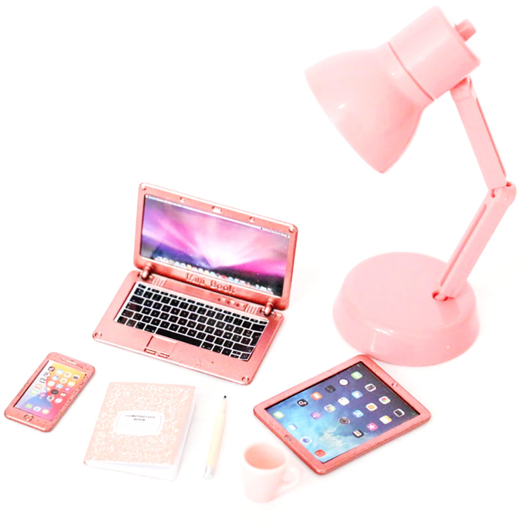 6Pcs/Set Dollhouse Accessories, Mini Laptop Tablet Phone Mini Books Cup Pencil, Miniature Office Set Realistic 1/12 Scale Accessories for Dollhouse Crafts Scene