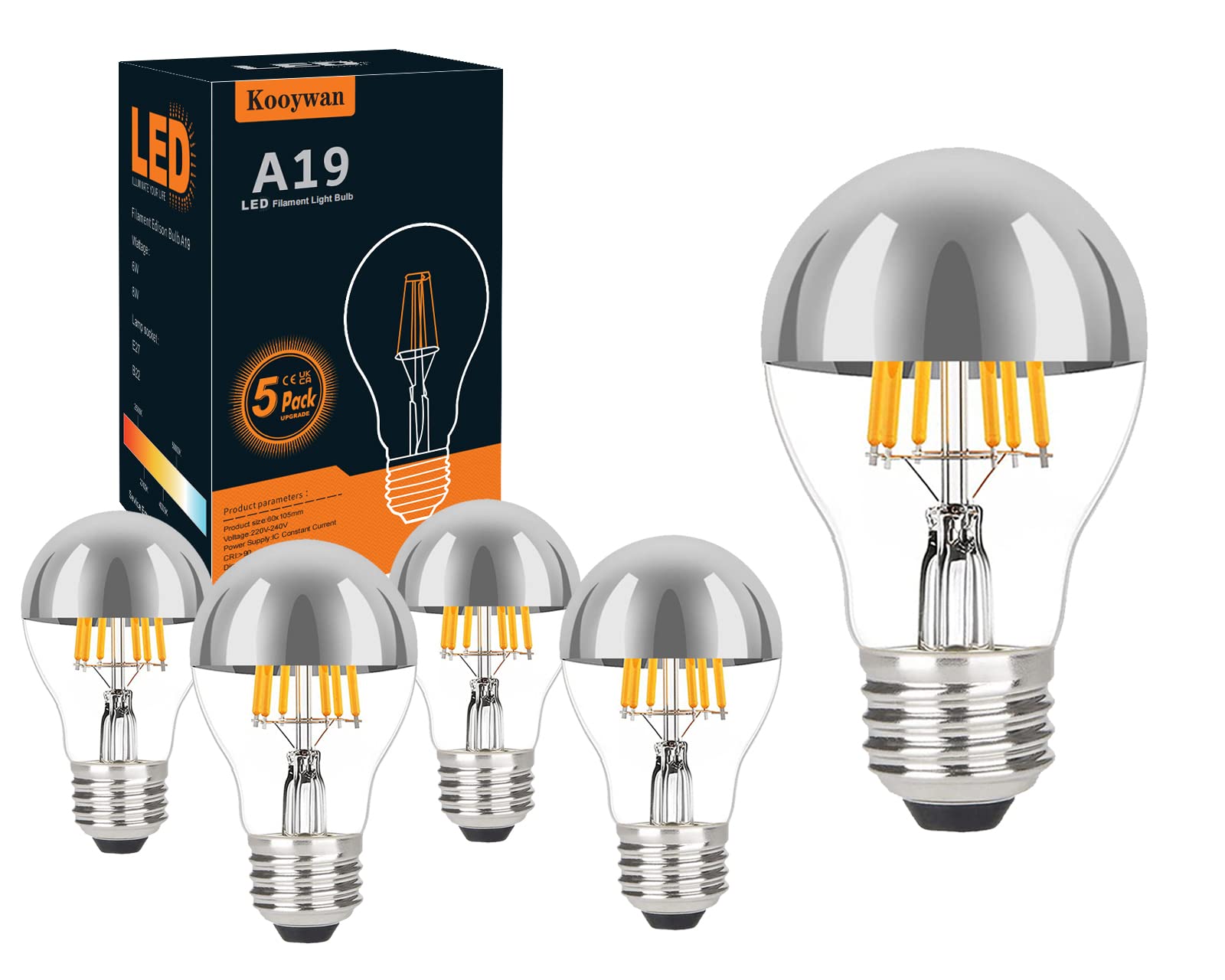 KOOYWAN A19 LED Kopfspiegel Silber Filament Lampe A60 E27 Filament Lampe 6W 2700K 5stk