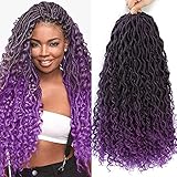 New Goddess Locs Crochet Hair 18inch 6Packs Ombre Purple Wavy Faux Locs Crochet Hair River Soft Locs...
