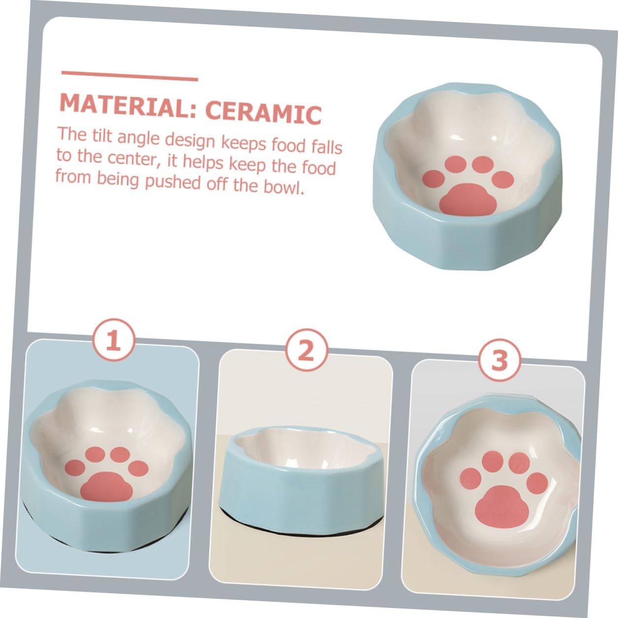 Ceramic Tilted Pet Bowl Blue Small Slanted Cat and Dog Feeder Bowl with Animal Paw Print for Feeding and Watering Pets