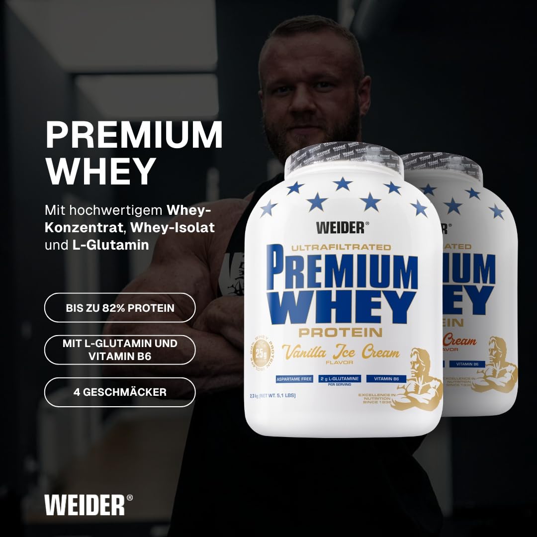 Weider Premium Whey Protein Pulver - Hoher Proteingehalt, wenig Kohlenhydrate & wenig Fett mit L-Glutamin und Vitamin B6-2,3kg - Vanilla Ice-Cream