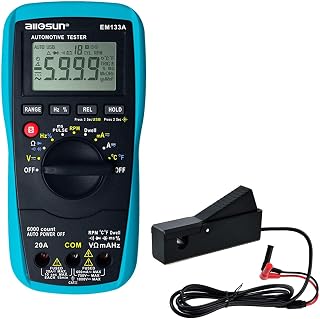 allsun EM133A Auto Multimeter AC/DC Volt Ohm Amp Tester Tool | RPM, Dwell, Pulse Width, Temp, Capacitance, Continuity, Frequency. Diagnostic for car repair, workshop, DIY maintenance