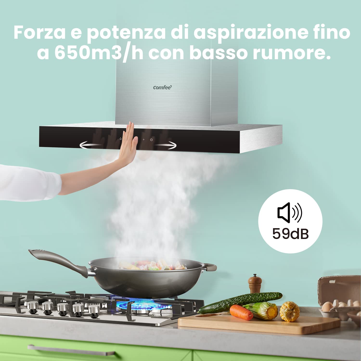 COMFEE Okap kuchenny 60 cm klasa A+++ TSHM77SS-60 okap kuchenny ze stali nierdzewnej 650 m³/h z diodami LED, systemem recyrkulacji i kanałem oraz filtrami węglowymi