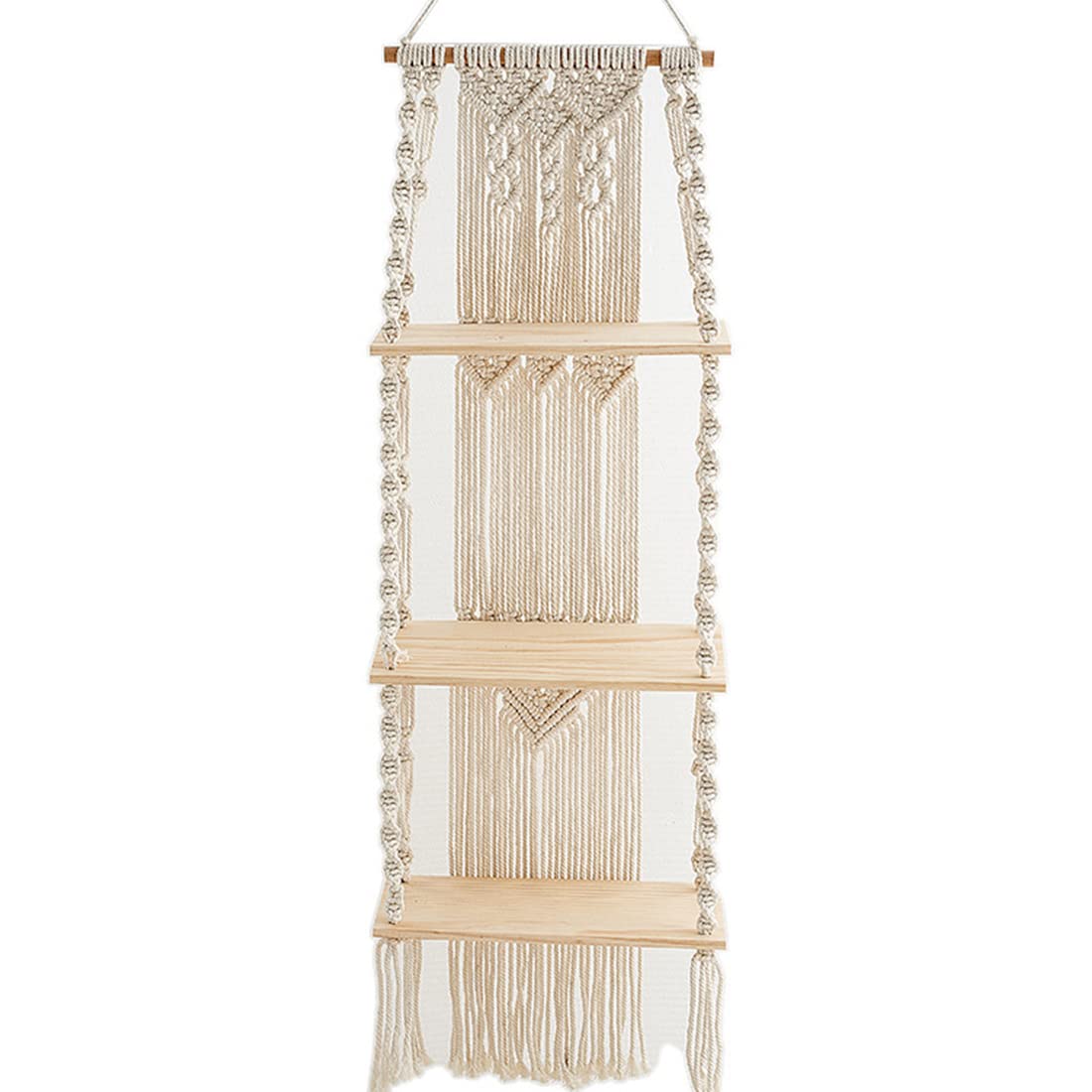 Pmandgk Boho Macrame Wall Hanging Shelf 3 Tier Handmade Woven Wood Organizer Shelves Wall Floating Hanger Decor