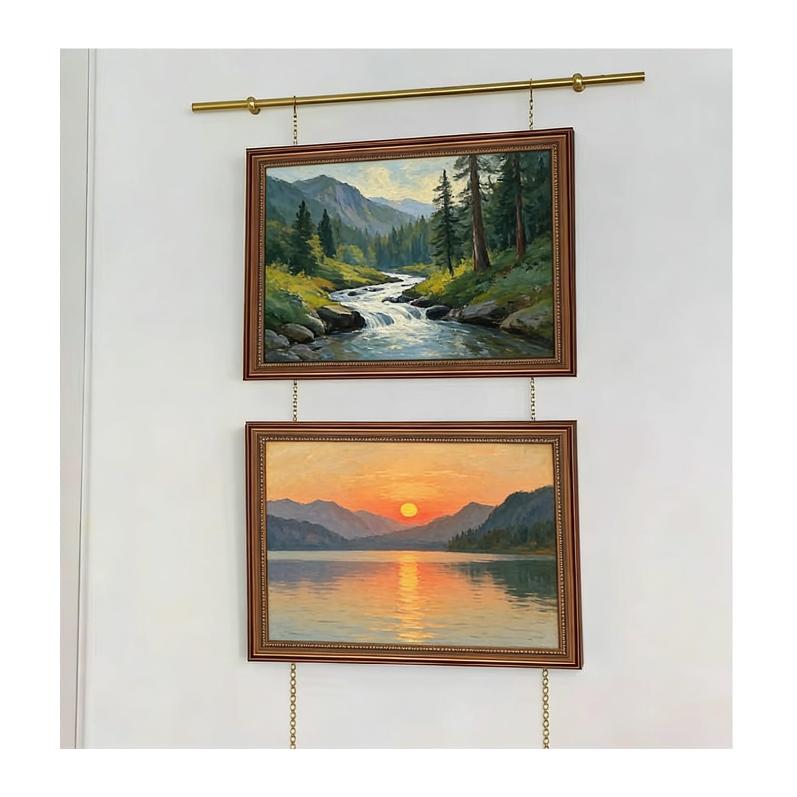 cuelga cuadros Kit de Ganchos para Cuadros en Latón para Sala, Riel Ajustable Anticorrosivo con Ganchos de Cadena, Soporte de Arte para Galería(1.2m(47") Rod)