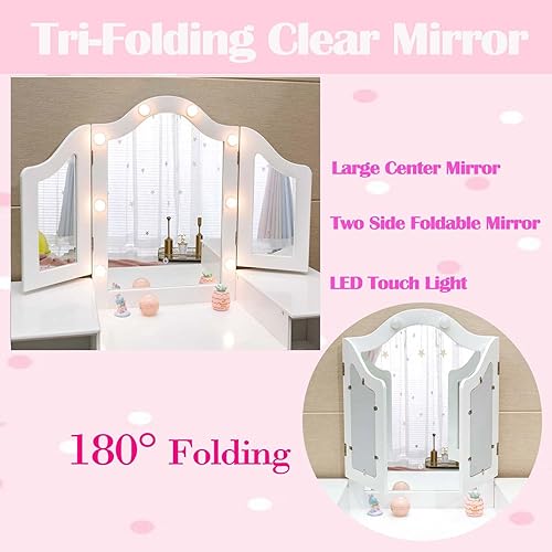 Miniatura 3 de Mesa de tocador para niños, juego de escritorio y silla de maquillaje de princesa, espejo desmontable de tres pliegues, estantes de almacenamiento