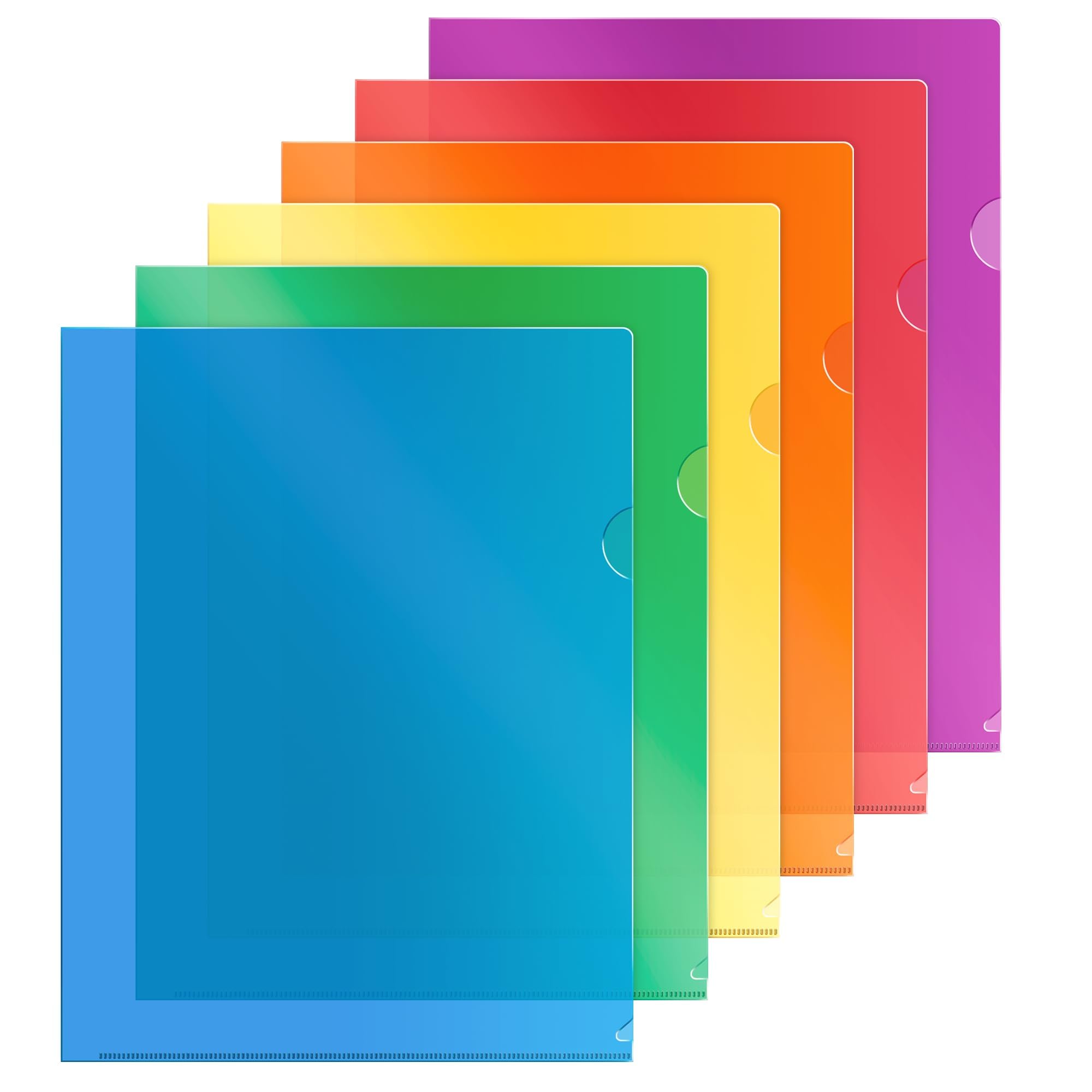 Dunwell Clear Plastic Folder Sleeves (12 Pack, 6 Assorted Colors), Transparent Project Folders, Acid-Free Poly Sleeves, File Jackets for Letter Size Paper, Plastic L-Sleeves for 8.5x11 Documents