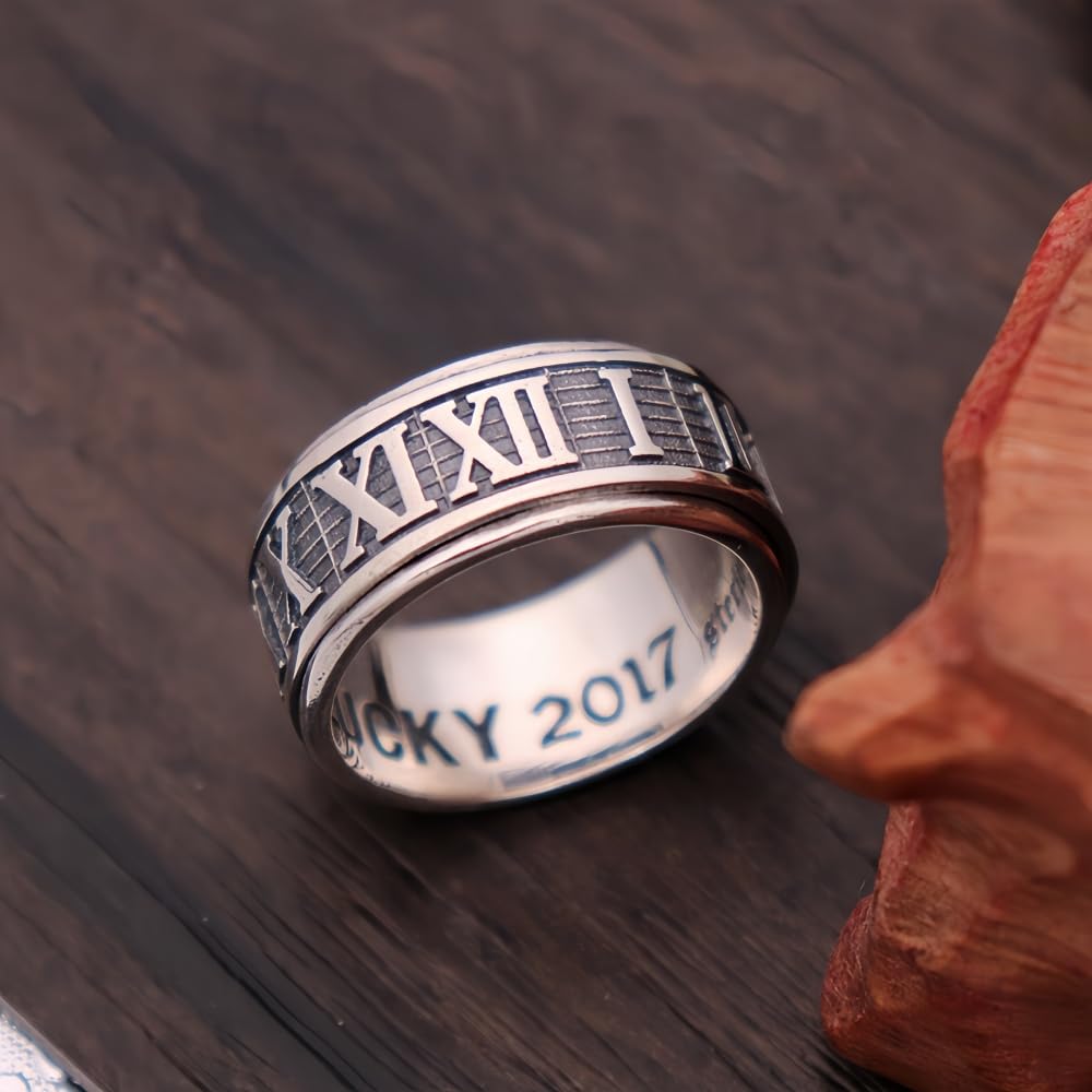 ForFox Vintage 925 Sterling Silber Römischen Zahlen Ring Spinner Fidget Anxiety Ring für Herren Damen Größe 53-64