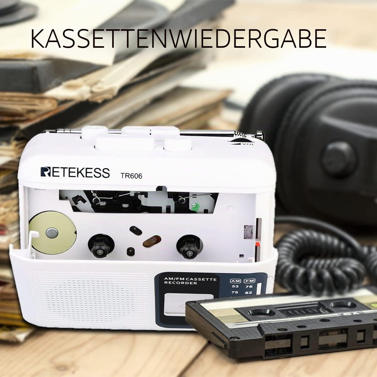 Retekess TR606 Tragbare Kassettenspieler,Tape Recorder,Kleines FM AM Radio,3,5 mm Kopfhöreranschluss,Schneller Vor- und Rücklauf,Alte Kassetten abspielen(Weiß)
