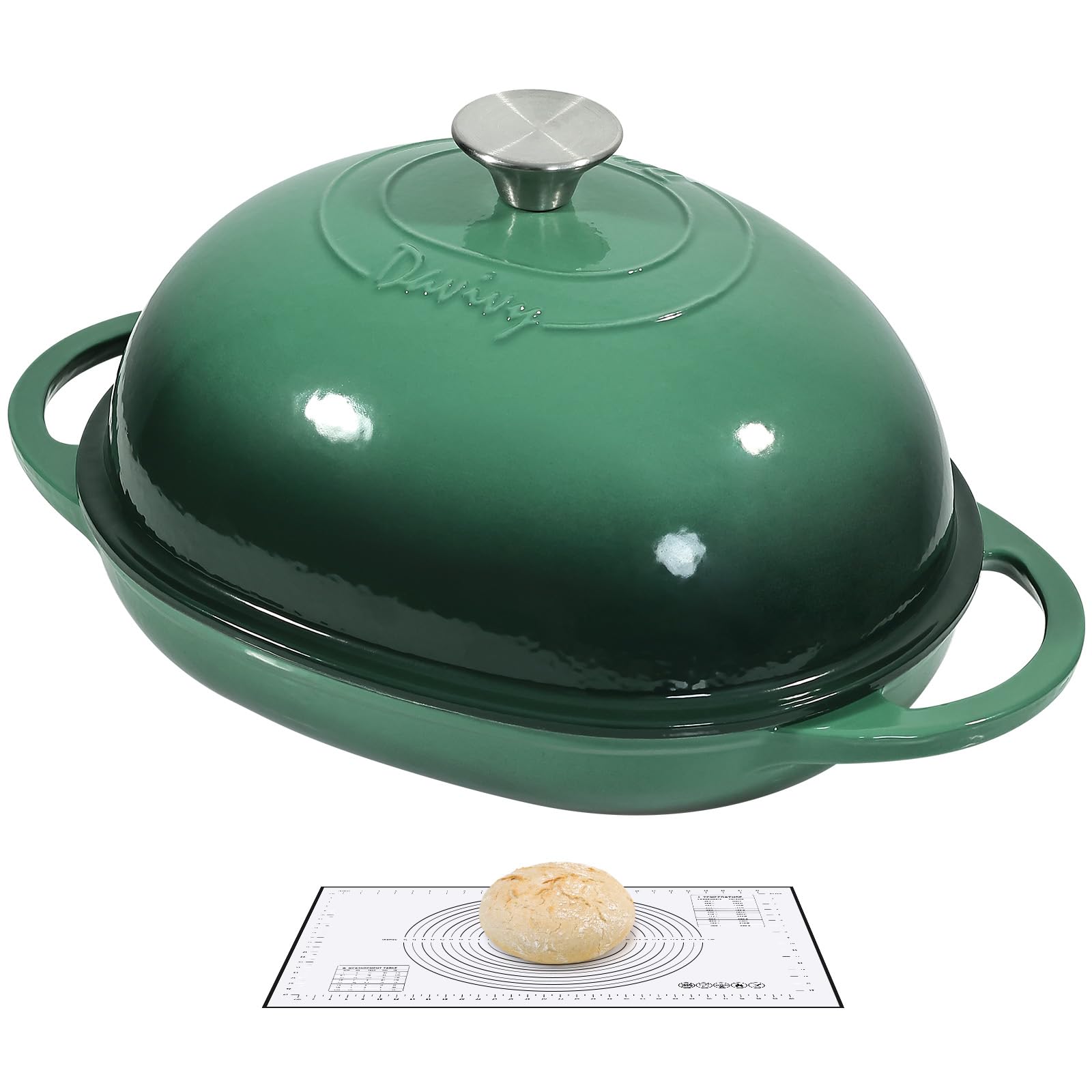 Davivy Horno holandés ovalado de hierro fundido esmaltado de 5.5 L para pan de masa madre, olla holandesa de 6 cuartos con tapa abovedada, olla de pan de hierro fundido (verde bosque, con alfombrilla