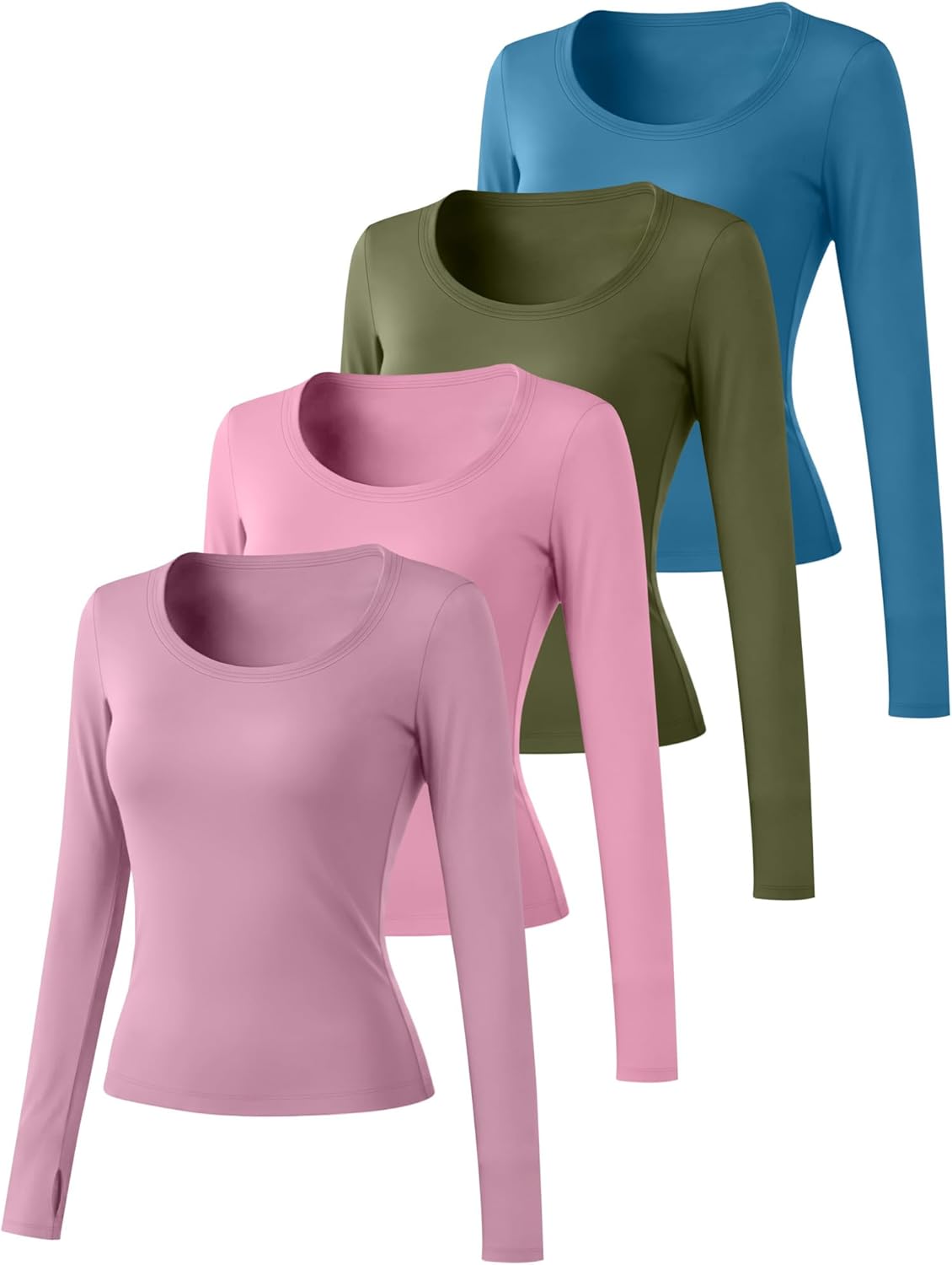 4 Pack Women's Workout Tops Long Sleeve Compression Shirts U Neck Slim Athletic Yoga Basic Shirt with Thumb Holes - Image 3