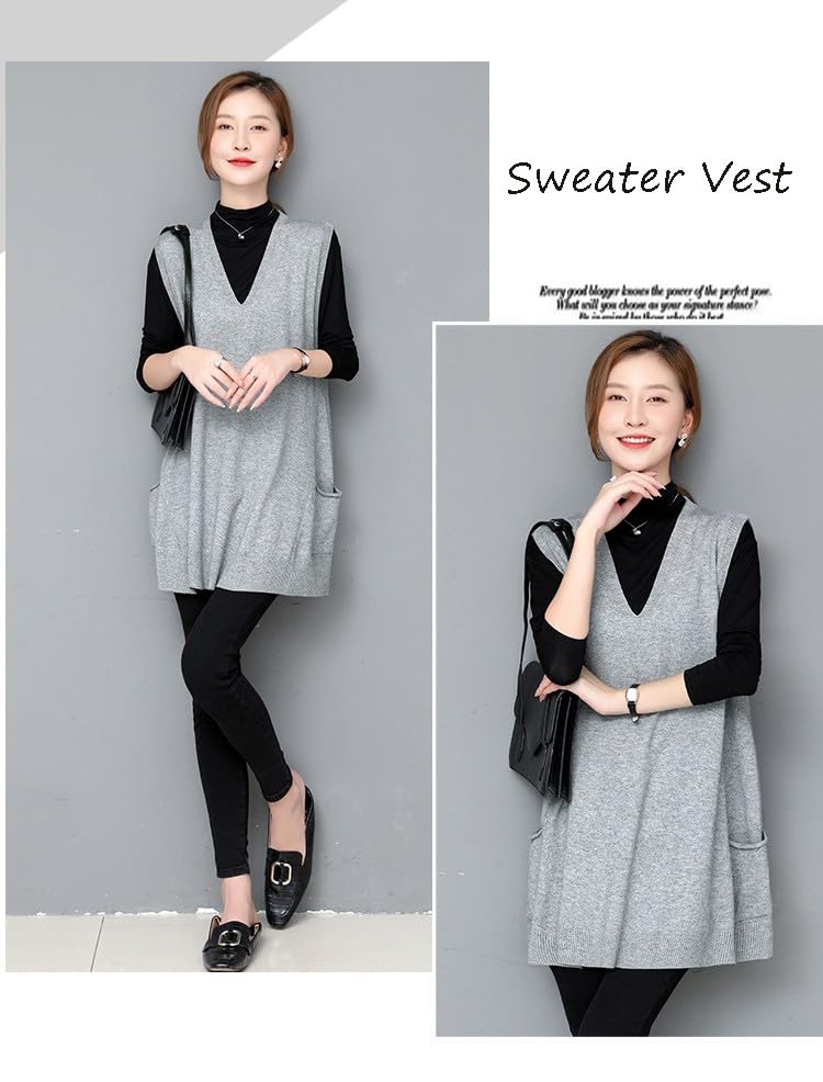 Image of jinghuiyue Women's Oversized Sweater Vest Fall V Neck Sleeveless Pullover Sweater Loose Knitted Tunic Tops with Pockets