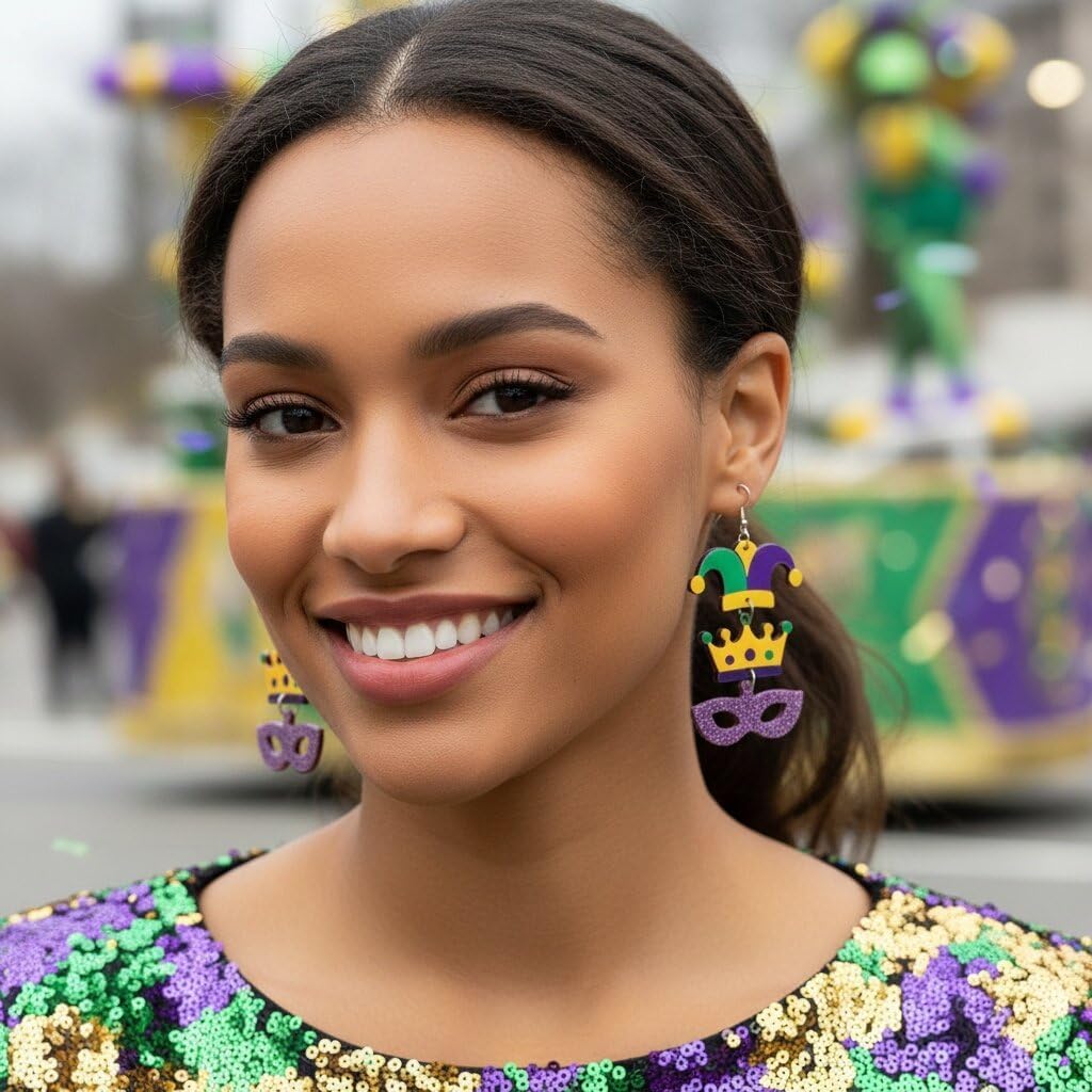Mardi Gras Dangle Earrings for Women Colorful Glitter Acrylic Carnival Theme Crown Mask Hat Pendant Earrings Mardi Gras Party Jewelry Accessories for Women - Image 3