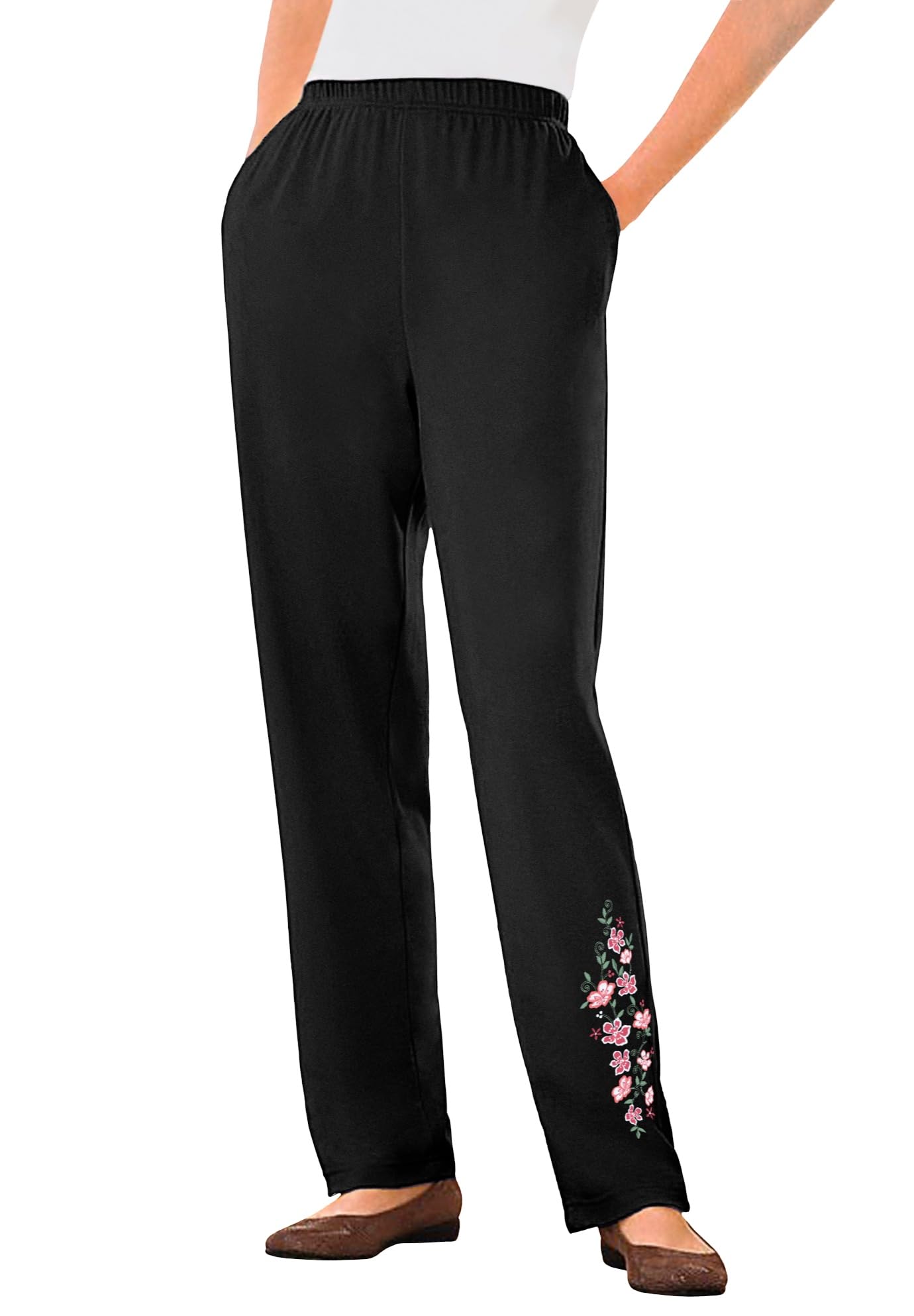 Woman Within Plus Size 7-Day Knit Embroidered Straight-Leg Pull-On Pants