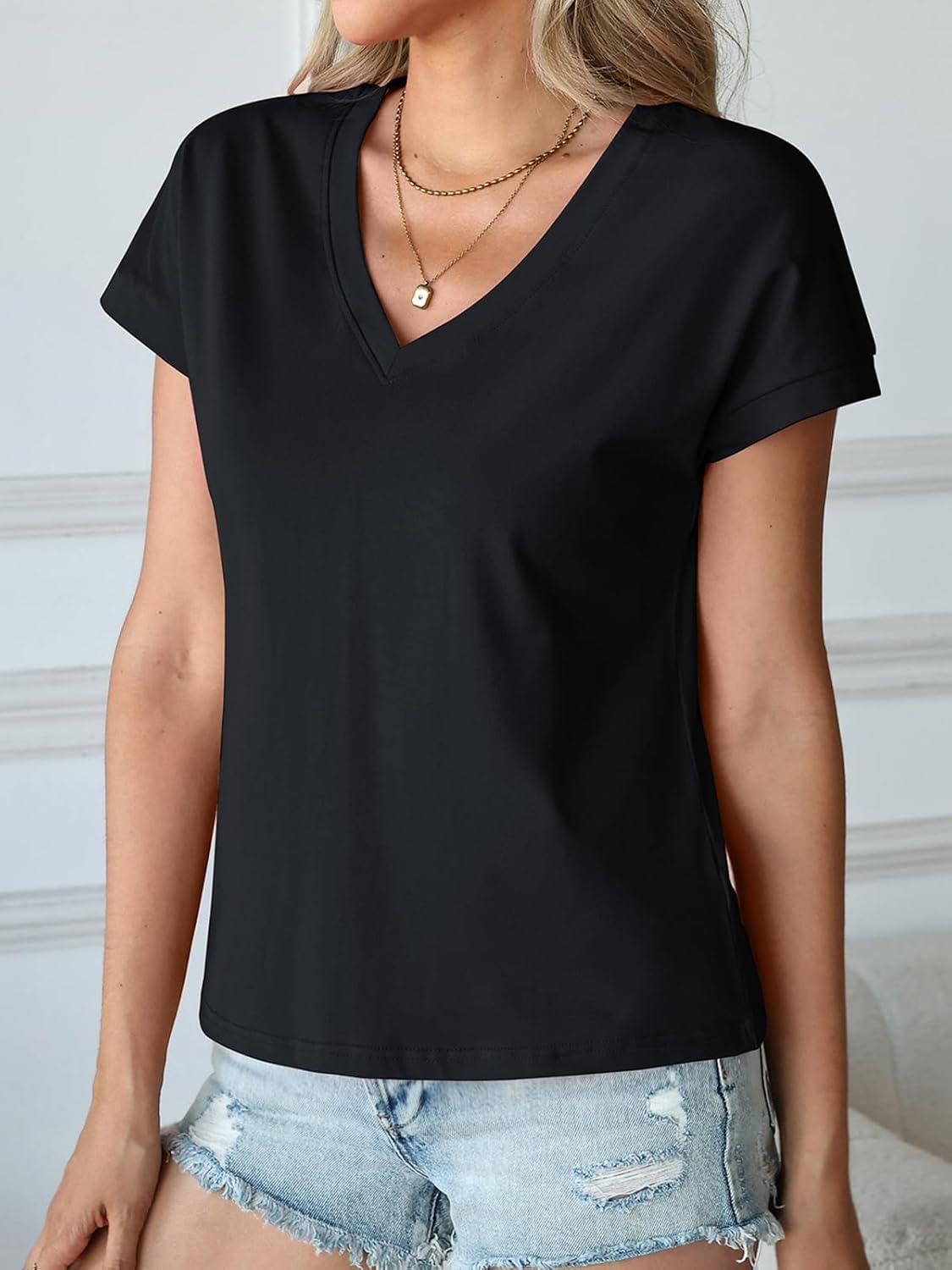 Oymyakon Women Cotton Cap Sleeve Tops Cropped V Neck T Shirts Boxy Tee Shirt Loose Fit Short Sleeves Casual Summer Blouse - Image 4