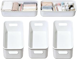 5 Pieces Storage Boxes, Small Slim, White Plastic Organizer Box with Handle, Narrow Storage Box for Kitchen, Bathroom, Cupboard, Table and Shelf