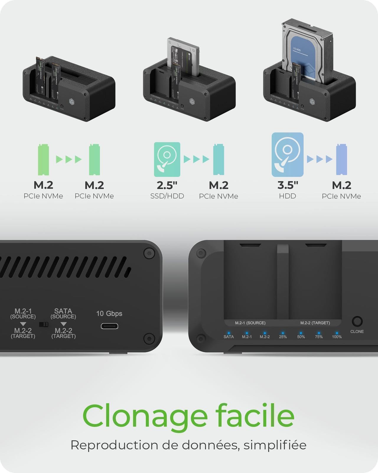 ICY BOX Station d'accueil pour disques M.2 NVMe et SATA, clonage bidirectionnel, USB 3.2 10 Gbit/s