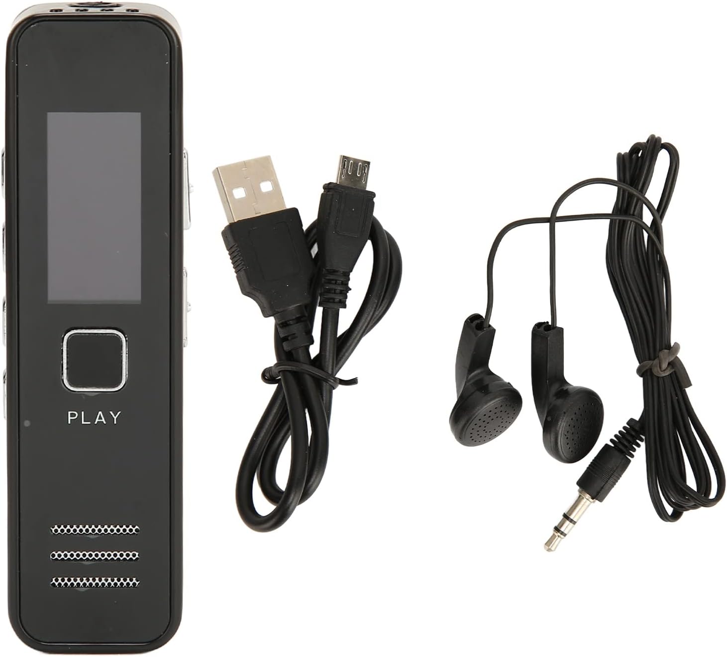 The ciciglow digital voice recorder, USB charging cable, and earphones.