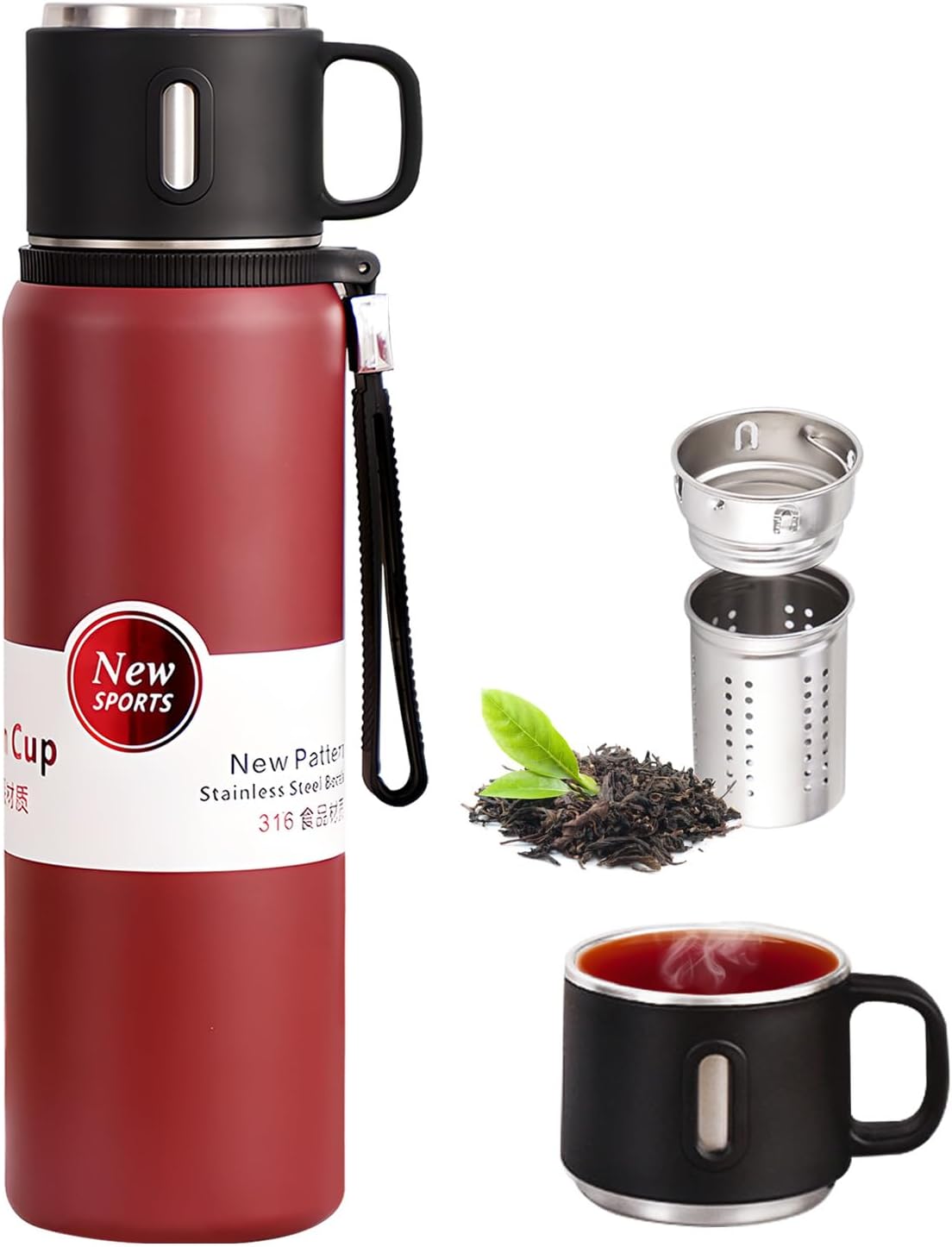 600ml Double wall vacuum Leakproof stainless steel wide mouth insulated water bottle,tea tumbler with tea strainer infuser basket,cup and lid; travel coffee thermoses hot drinks,cold thermal flask