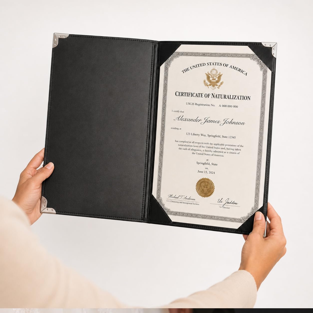 Porta certificato di naturalizzazione di alta qualità, 20,5 x 28,5 cm, copertina per diploma e certificato, con protezioni angolari in metallo argentato, porta certificato di matrimonio, cartella