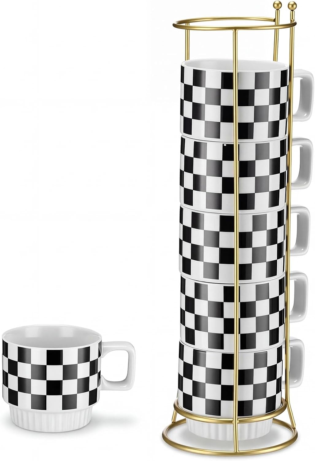 Hushee 6 Piece Checkered Coffee Mug Set with Golden Rack, Stackable Vertical Countertop Mug Organizer for Coffee Bar, Black and White Ceramic Mugs with Space-saving Stand, Ideal Housewarming Gift