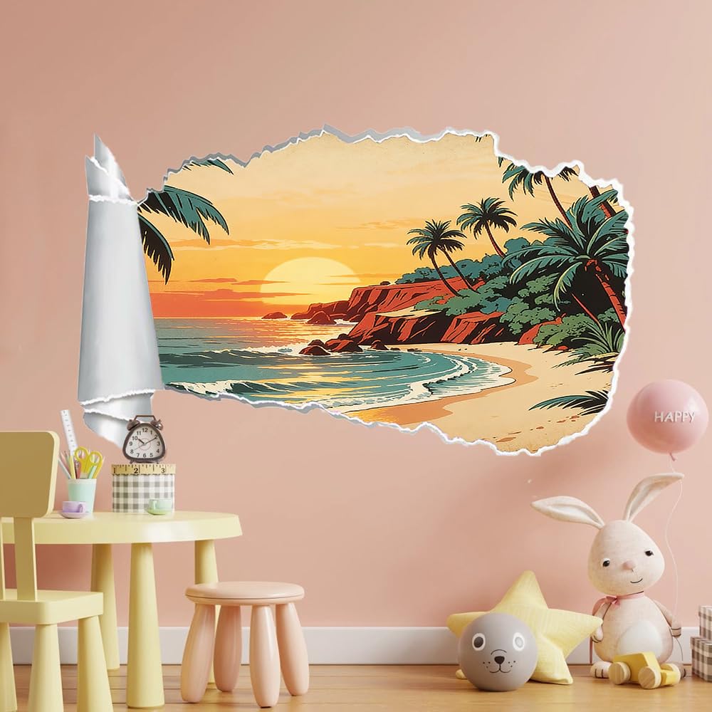 Wandsticker 3D Durchbruch Sonnenuntergang Am Strand Wandtattoo kinderzimmer Deko Palmen Wandaufkleber Wanddurchbruch Wandsticker Wandbild für Mädchen Zimmer Wohnzimmer Schlafzimmer
