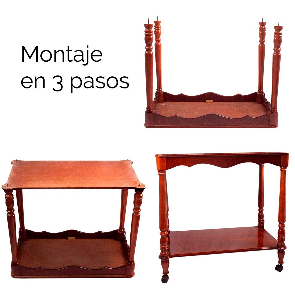 FranquiHOgar Tavolo Carrello di servizio ausiliario in legno con ruote e vassoio per cucina e sala da pranzo vintage a 2 livelli, dimensioni: 80 x 50 x 75 cm Toledo