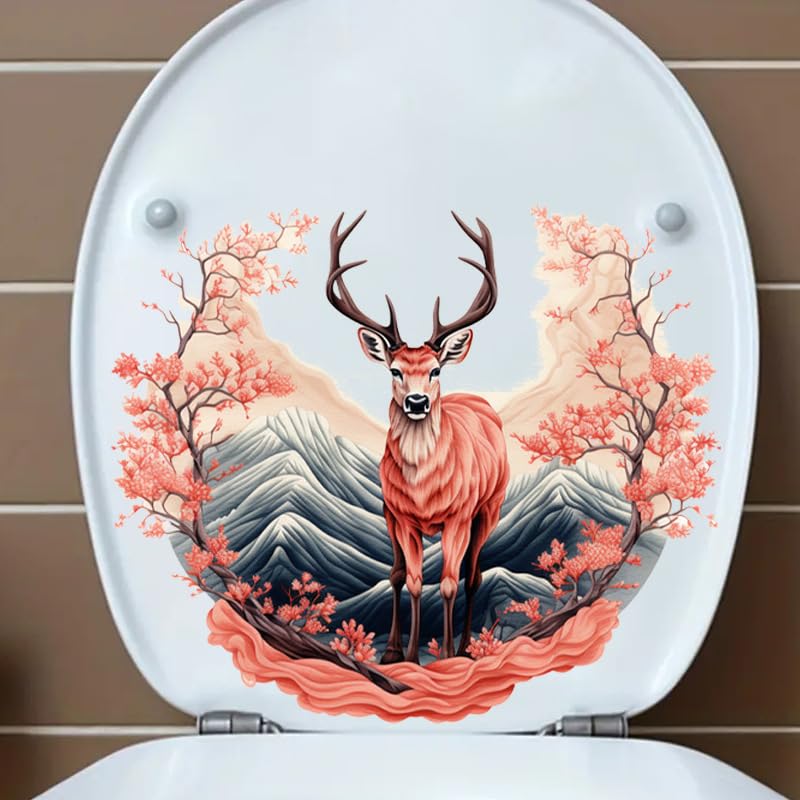Colorful Deer Flower Toilet Cover Sticker Decals,Fish Bird Flower Leaf Waterproof Toilet Lid Tank Seat Decals Cistern Self-Adhesive Bathroom Wall Sticker