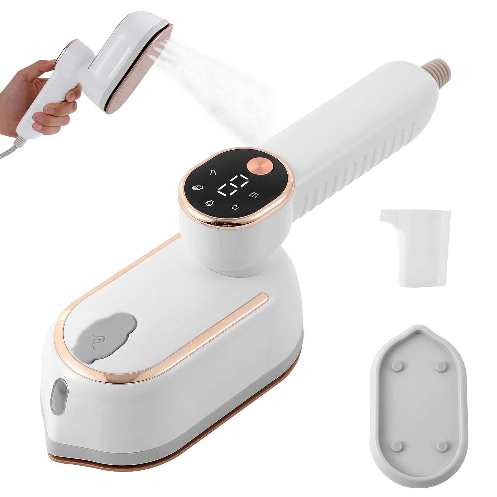 Plancha de viaje para Ropa con Pantalla LED, 2 en 1 Plancha Ropa Vapor Portátil, 1200 W Plancha Vapor Viaje Mango Giratorio de 180°, para Viajes, Hogar y Oficina (blanco)