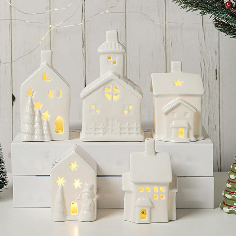 Juego de pueblo de Navidad, casas de pueblo de Navidad blancas con iluminación LED, figuras de Navidad en miniatura, adorno de escritorio, colección LED para decoración de estantes de mesa