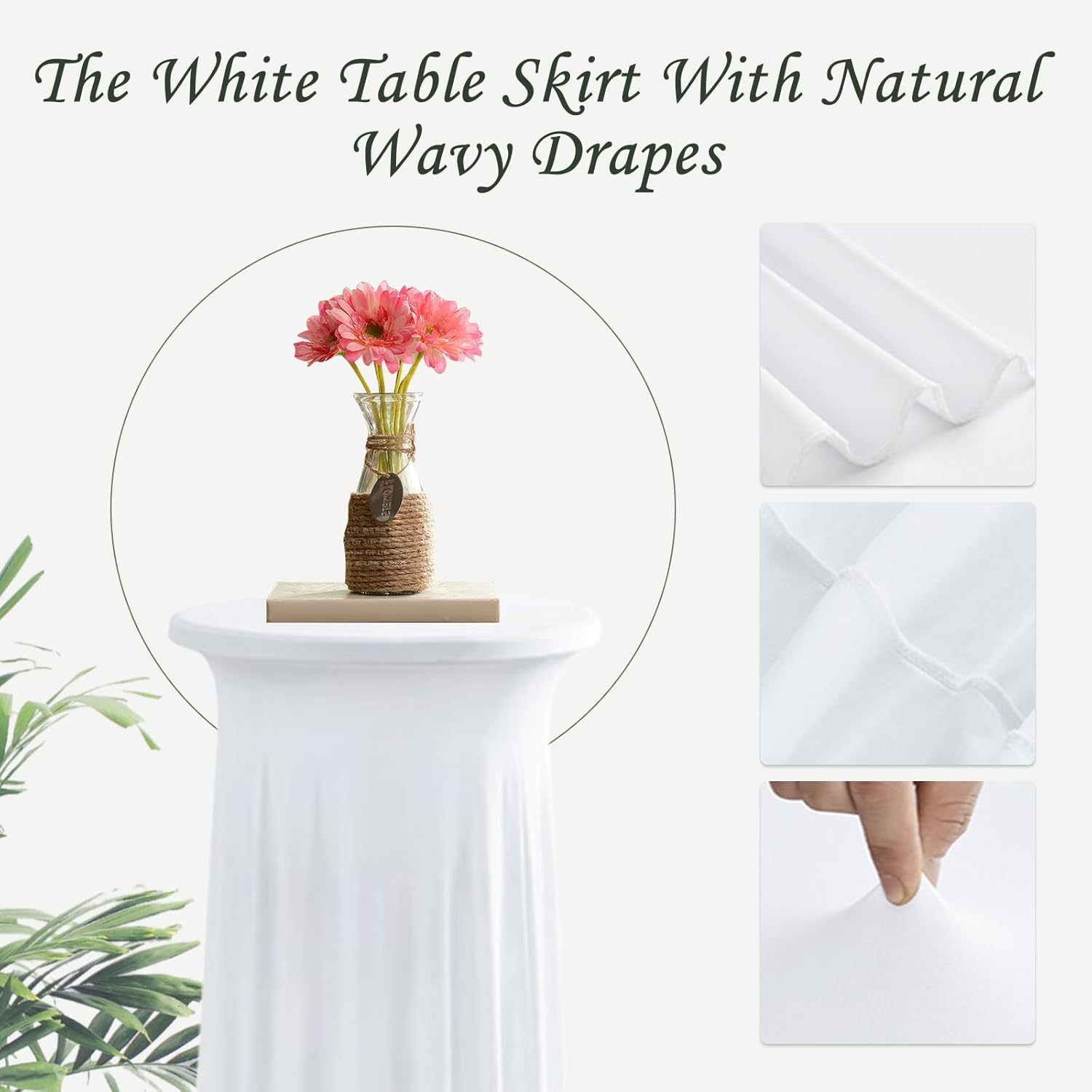 6 Packs Round Cocktail Table Skirt 31.5x43.3 Inches White Spandex Stretch Square Tablecloth Skirt Pandex Stretch Cocktail Tablecloth with Wavy Drapes for Table Bar Wedding Party Banquet