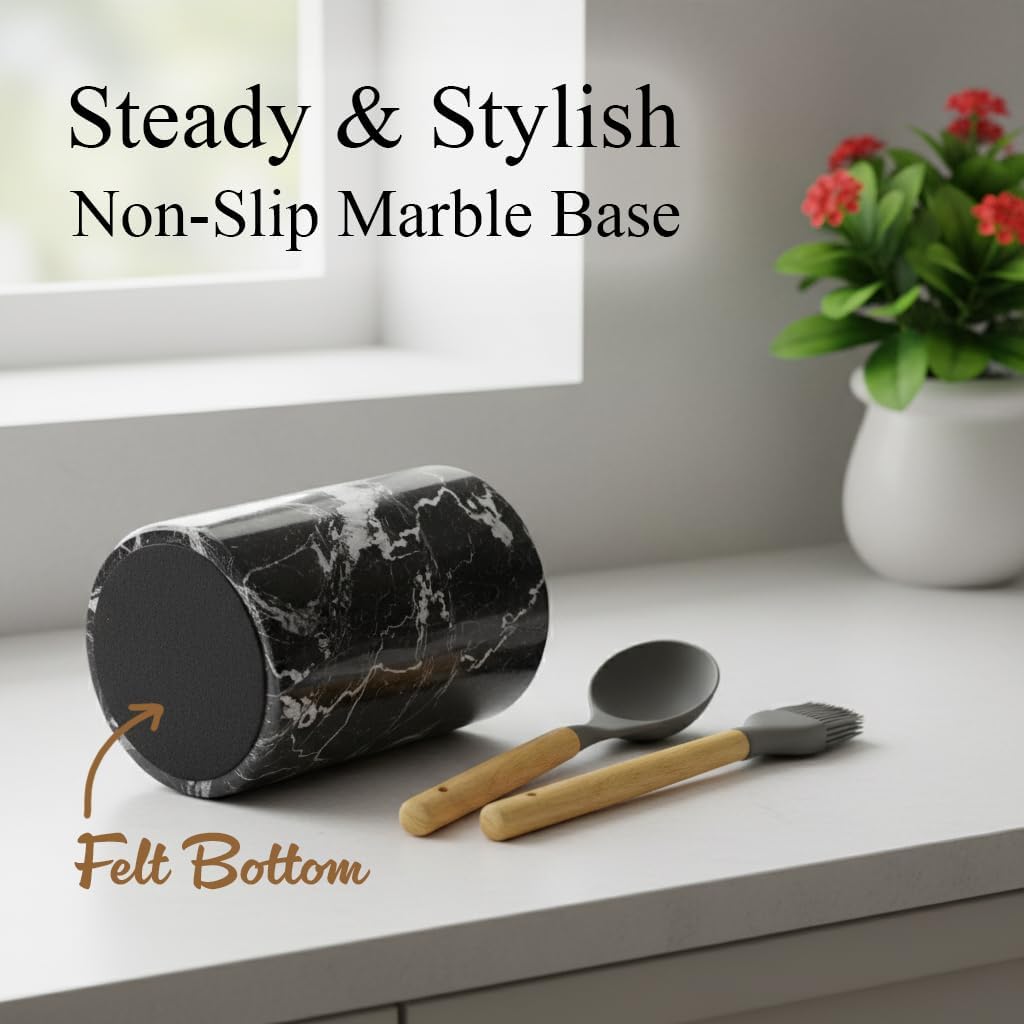 Handmade Marble Utensil Holder for Kitchen Countertop Storage | Multipurpose Organizer for Spatulas, Office Supplies, & Wine Chiller (Black Zebra)