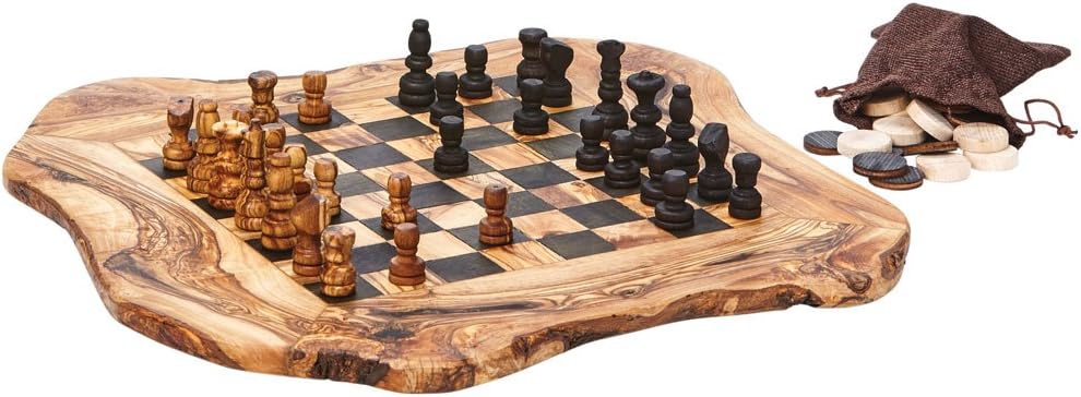 Arte Legno Real Olive Wood Chess and Checkers Set - Rough Cut - 15" x 16"