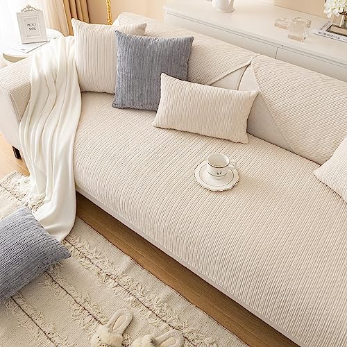 Vctops Soft Chenille Sofa Couch Cover Solid Color Striped Weave Textured Sectional Couch Covers Washable Anti-Slip Sofa Slipcover For Dogs Pet, 1 Piece/Not All Set (Cream,27"X27") #TOP3
