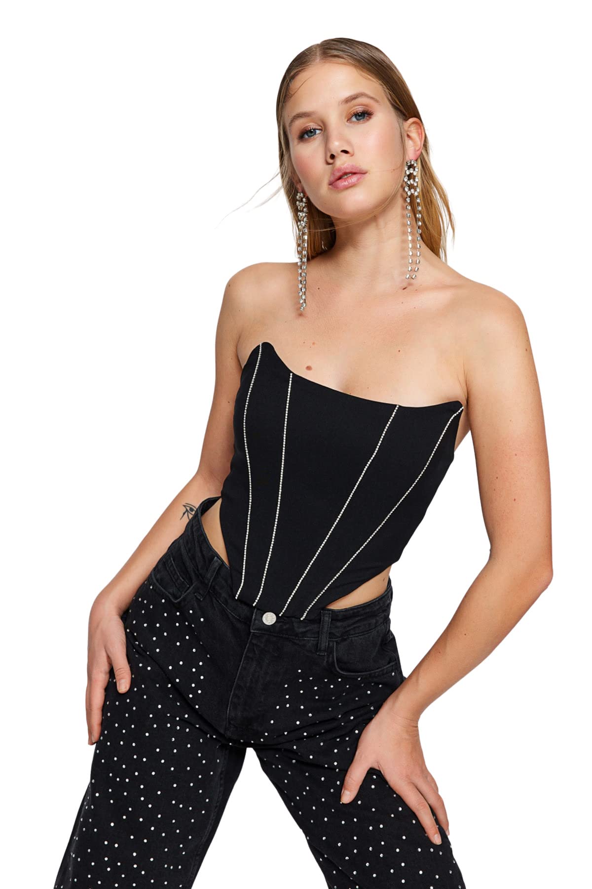 Trendyol Women's Fitted Crop Strapless Woven Bustier, Black, UK 6