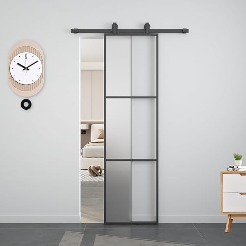 Barnsmith 24in x 84in Aluminum Glass Barn Door with 4.3FT Hardware, Frosted Tempered Glass, 6 Lattice, Lightweight Sliding Door, Easy Assembly - 24"x84"