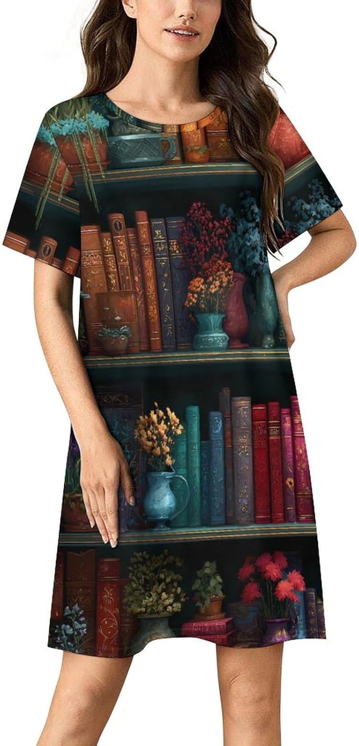 Bookshelf Vintage Books Women’s Nightgown Short Sleeve Sleep Shirt Casual Sleepwear Night Gowns Sleepdress