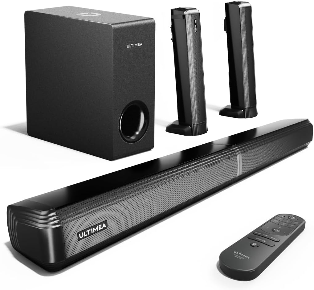 ULTIMEA 4.1ch Sound Bar for Smart TV with Subwoofer, Peak Power 200W, 2-in-1 Detachable Soundbar for TV, Bluetooth 5.3, Bass Adjustable, 3 EQ Modes TV Sound Bar, HDMI ARC/Optical/Aux, Apollo S50