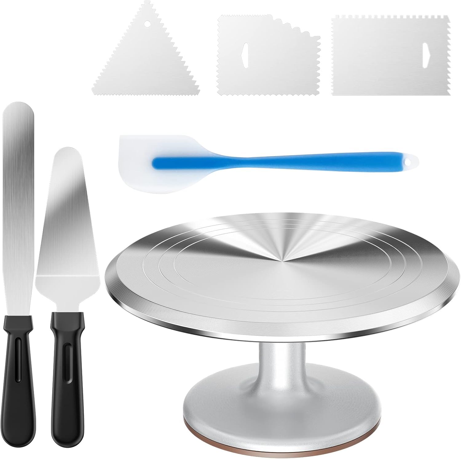 Relota 12 Pulgadas Plato Giratorio para Tartas Aluminio, Soporte con 2 Espátula de Glaseado, 3 Raspadores de Pasteles, Base para Hornear, Decorar