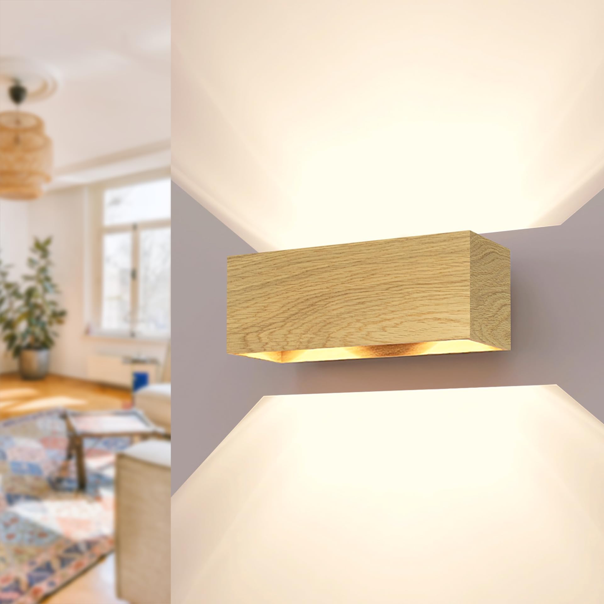 LED Wood Indoor Wall Light 10 x 27 x 10 cm - Handcrafted Oak Wood Up and Down Wall Lights - Sconce Hallway Lighting for Bedroom, Kitchen, Living Room and Hall - Light Fixture with G9 Socket (No Bulb)